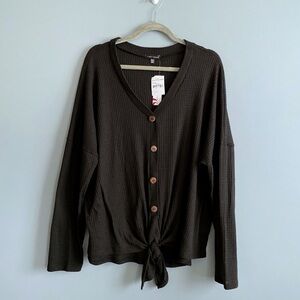 Curvy Sense Black Top Waffle Knit Button Down Tie Waist Long Sleeves Size 3X NEW